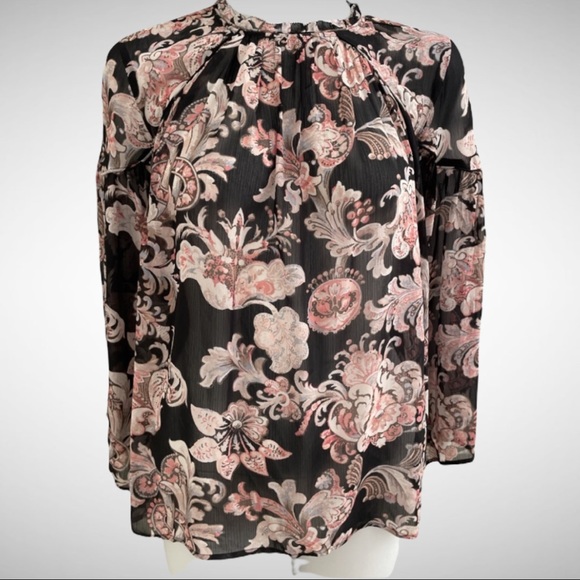 Loft Black Floral Boho Peasant Blouse L - Picture 3 of 12